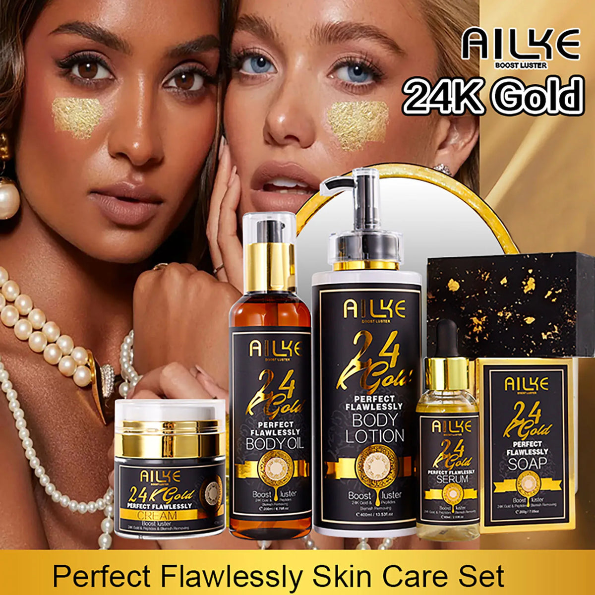 AILKE 24K Glod Flawlessly Skin Care Set, Whitening, Reduce Dark Spots, Pigmentation, Wrinkles, Moisturize, For All Skin Types