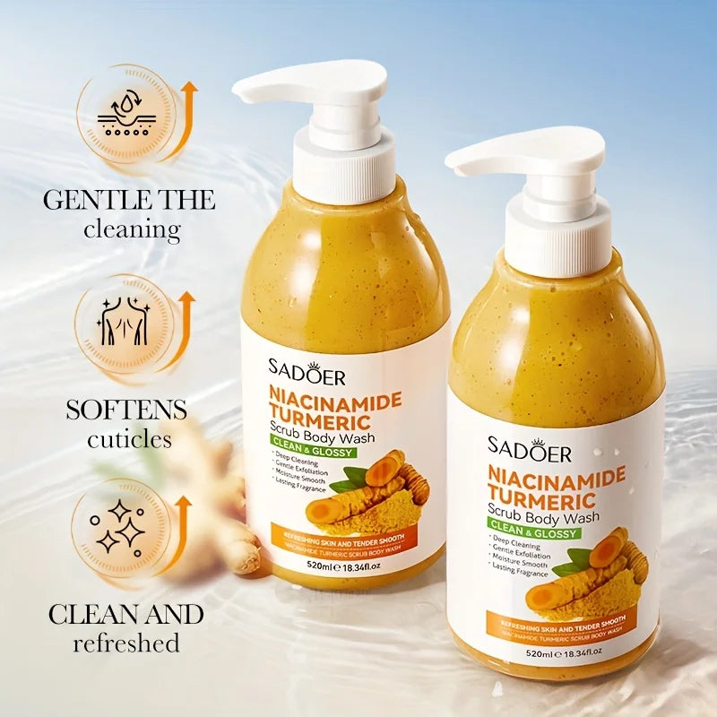 520Ml/Bottle Niacinamide Turmeric Scrub Shower Gel, Rich in Ingredients Such as Niacinamide and Turmeric Extract, with a Smooth and Fine Scrub Texture, Abundant Foam, Gentle Bathing Experience, Cleans Sweat and Other Dirt and