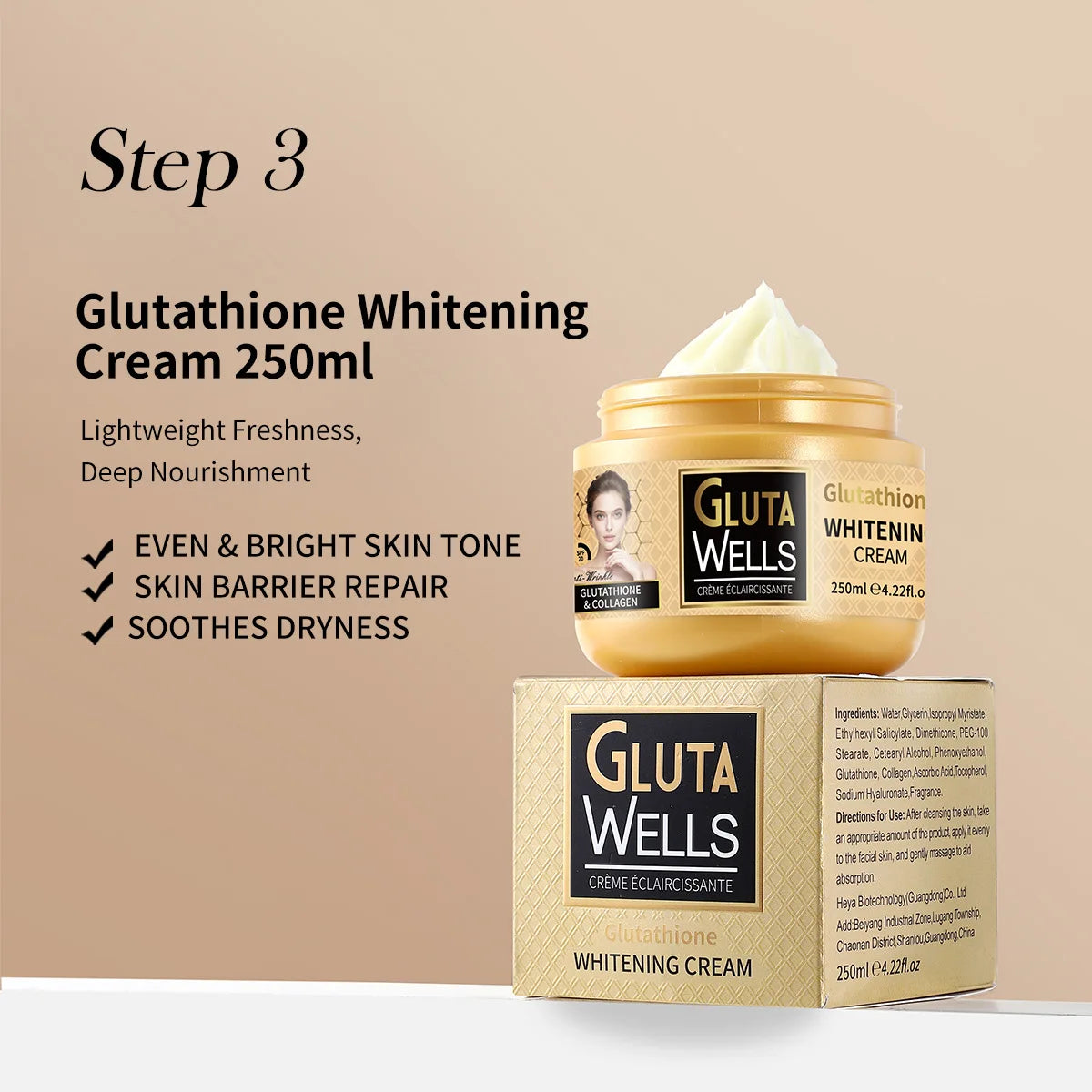 Glutathione Whitening Cream 250ml Moisturizing Face Cream Nourishing Brightening Smooth Even Skin Tone Facial Skin Care