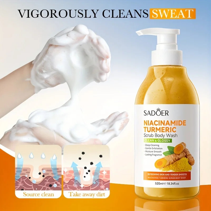 520Ml/Bottle Niacinamide Turmeric Scrub Shower Gel, Rich in Ingredients Such as Niacinamide and Turmeric Extract, with a Smooth and Fine Scrub Texture, Abundant Foam, Gentle Bathing Experience, Cleans Sweat and Other Dirt and