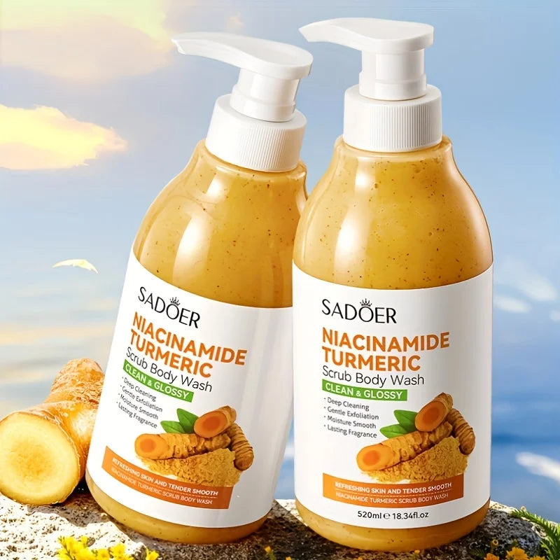 520Ml/Bottle Niacinamide Turmeric Scrub Shower Gel, Rich in Ingredients Such as Niacinamide and Turmeric Extract, with a Smooth and Fine Scrub Texture, Abundant Foam, Gentle Bathing Experience, Cleans Sweat and Other Dirt and