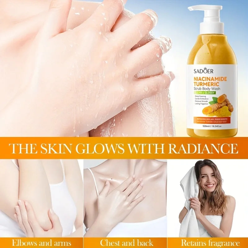 520Ml/Bottle Niacinamide Turmeric Scrub Shower Gel, Rich in Ingredients Such as Niacinamide and Turmeric Extract, with a Smooth and Fine Scrub Texture, Abundant Foam, Gentle Bathing Experience, Cleans Sweat and Other Dirt and